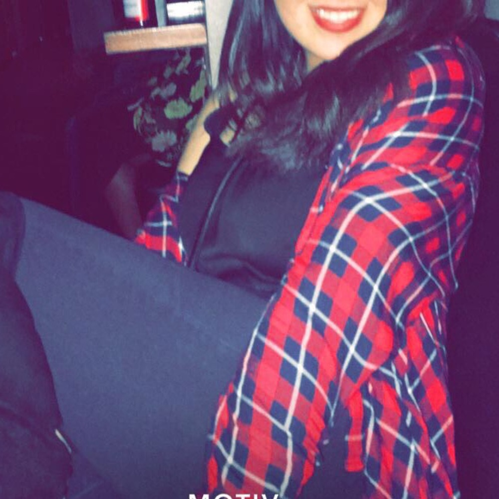 Button up top. Red and blue